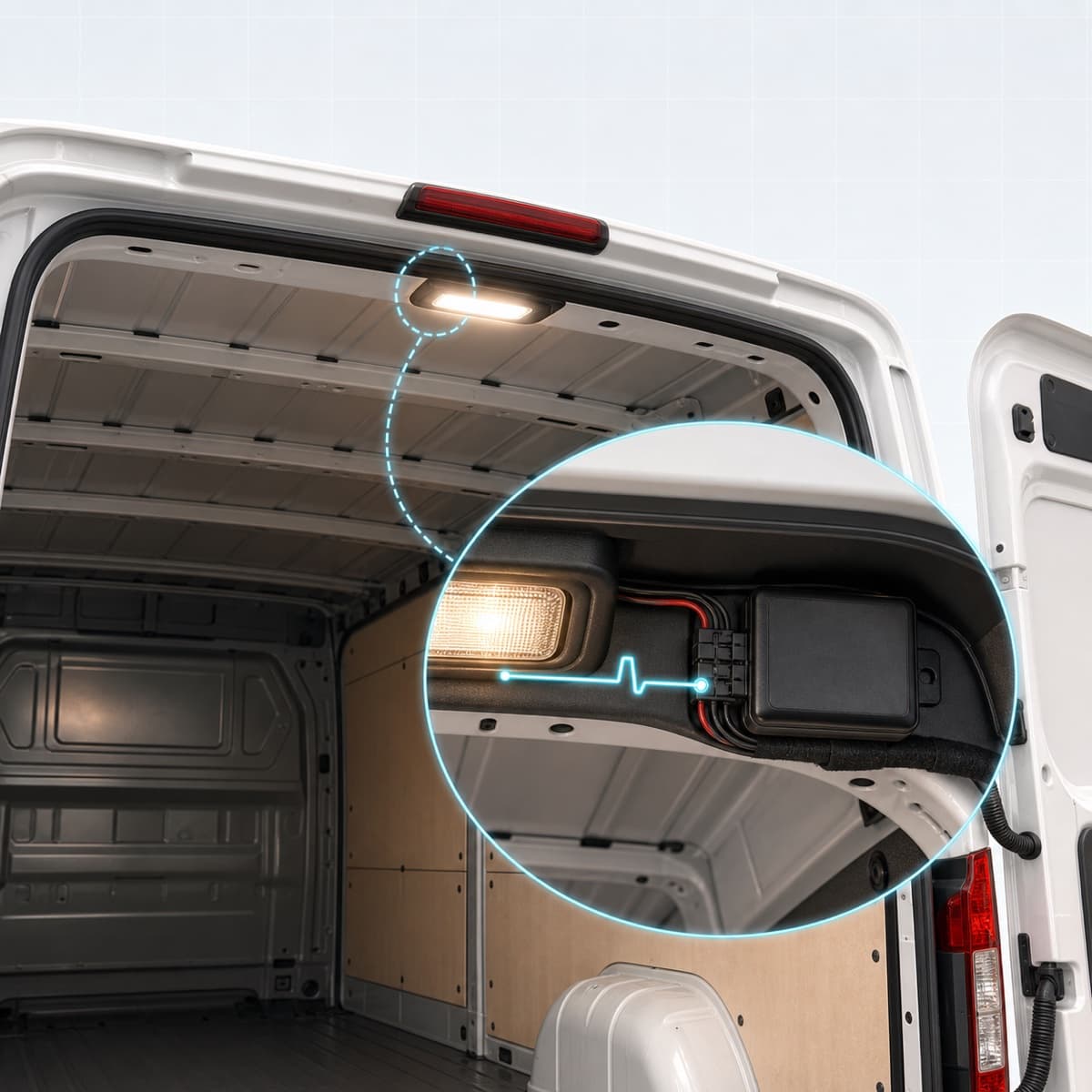 Open van cargo door with the illuminated cargo light wired to a tracking unit digital input
