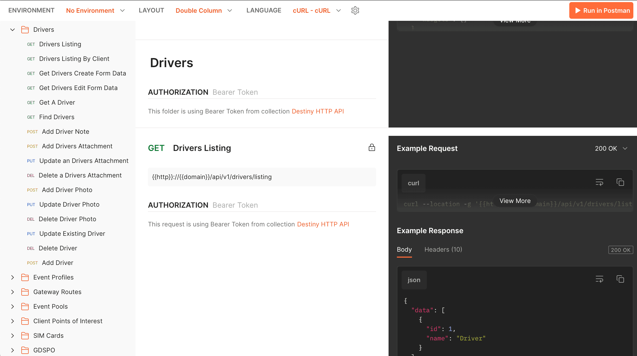 Postman — Drivers endpoint, live request and response