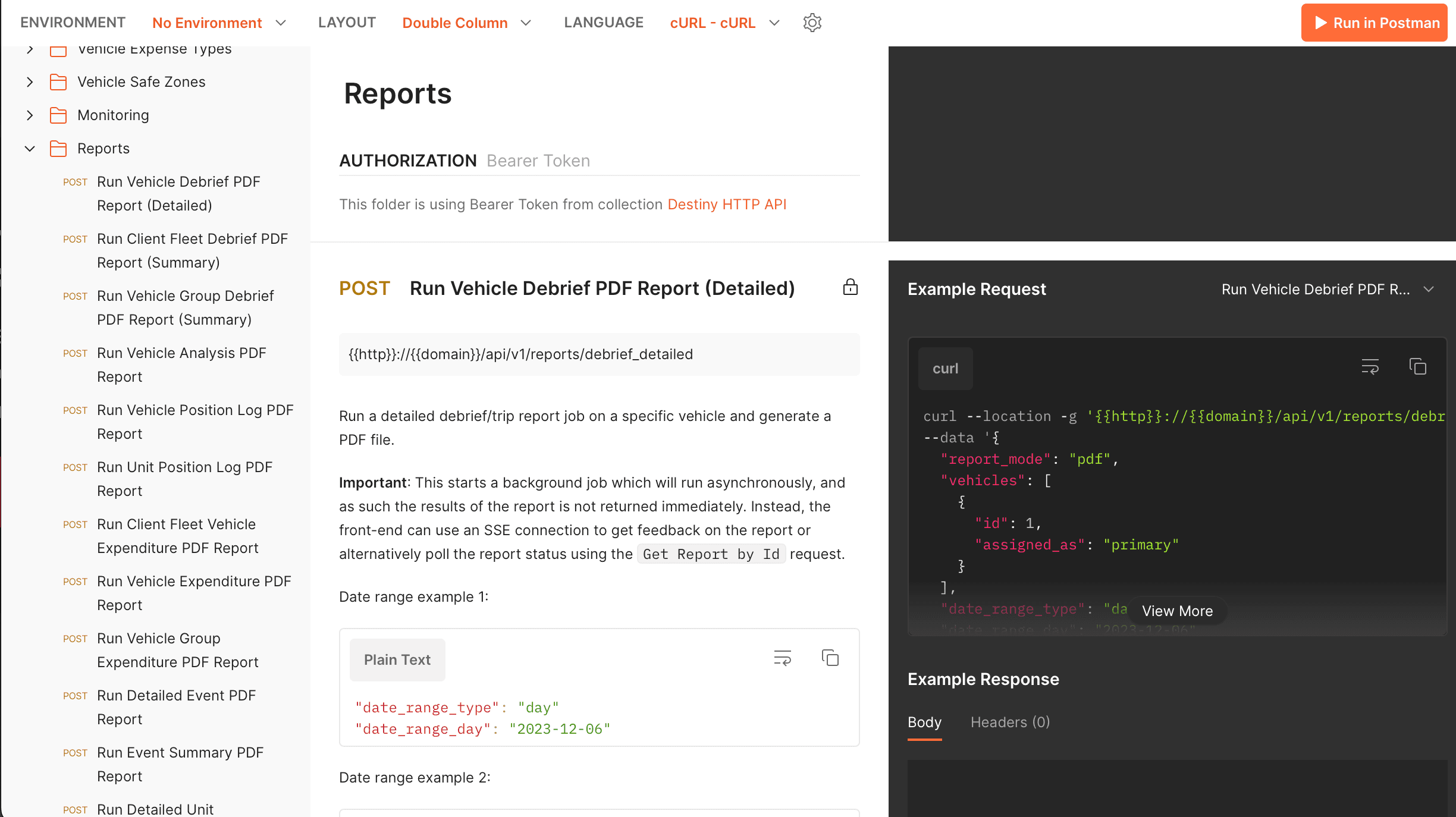 Postman — Reports endpoint, live request and response
