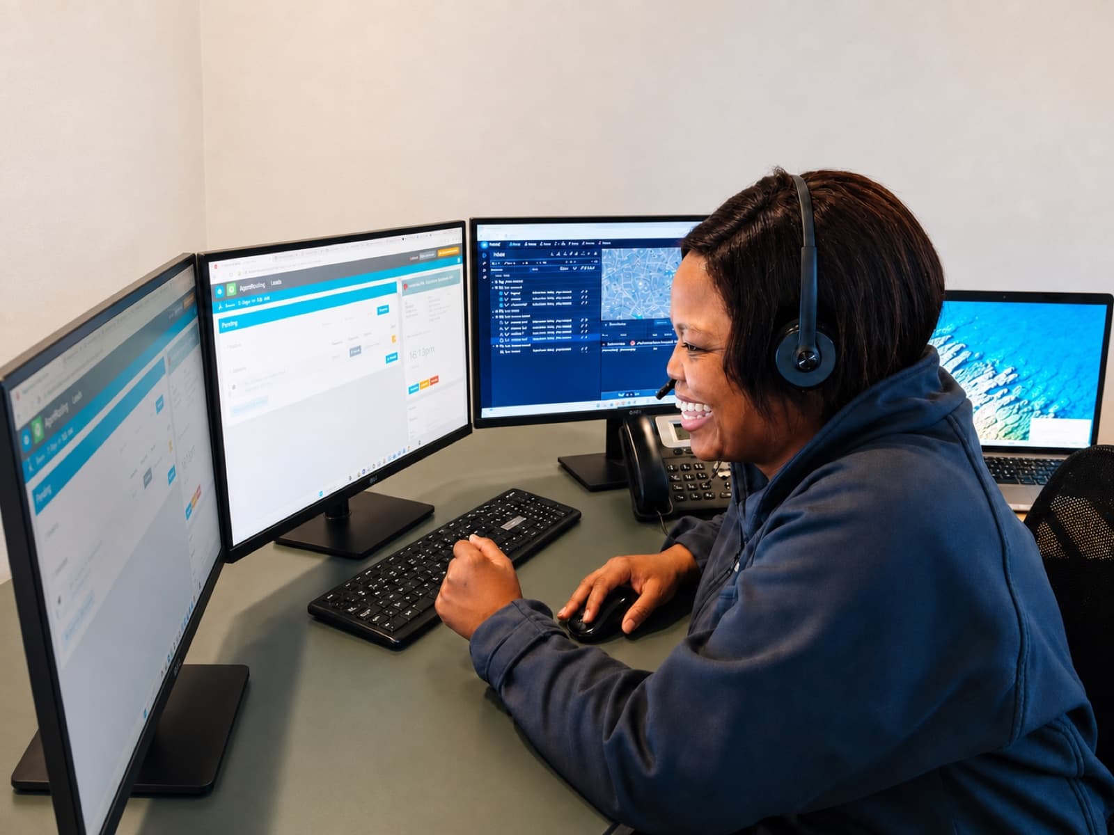 An ACM Track control-room operator monitoring live fleet dashboards