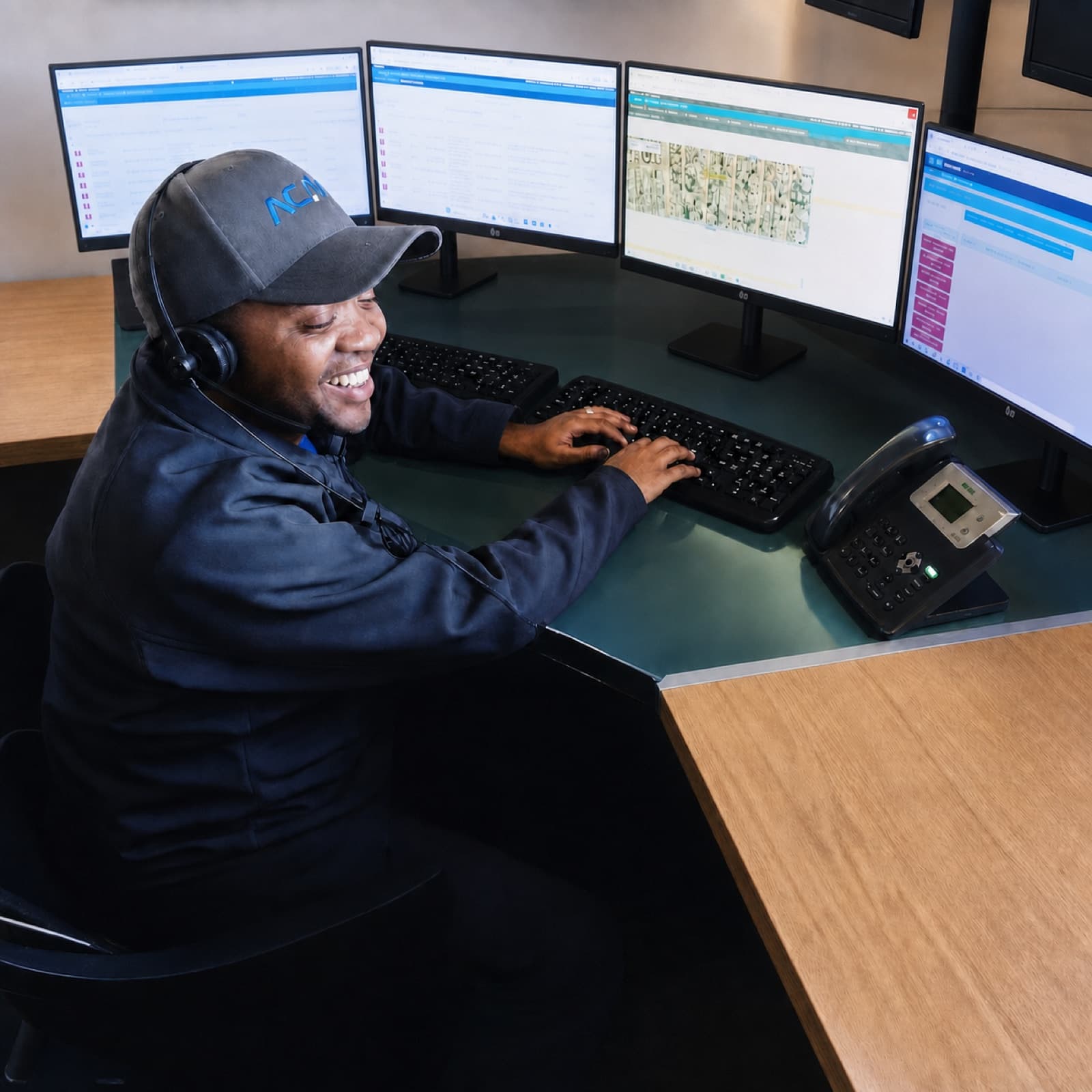 An ACM Track control-room operator on a client call