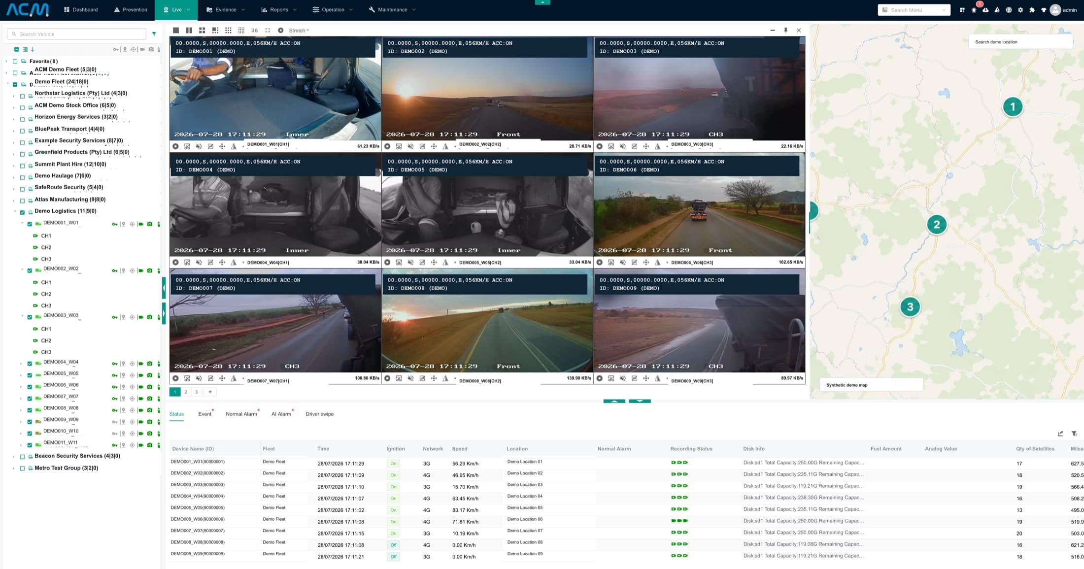 ACM Destiny live multi-channel MDVR console — camera grid, fleet map and per-device status table