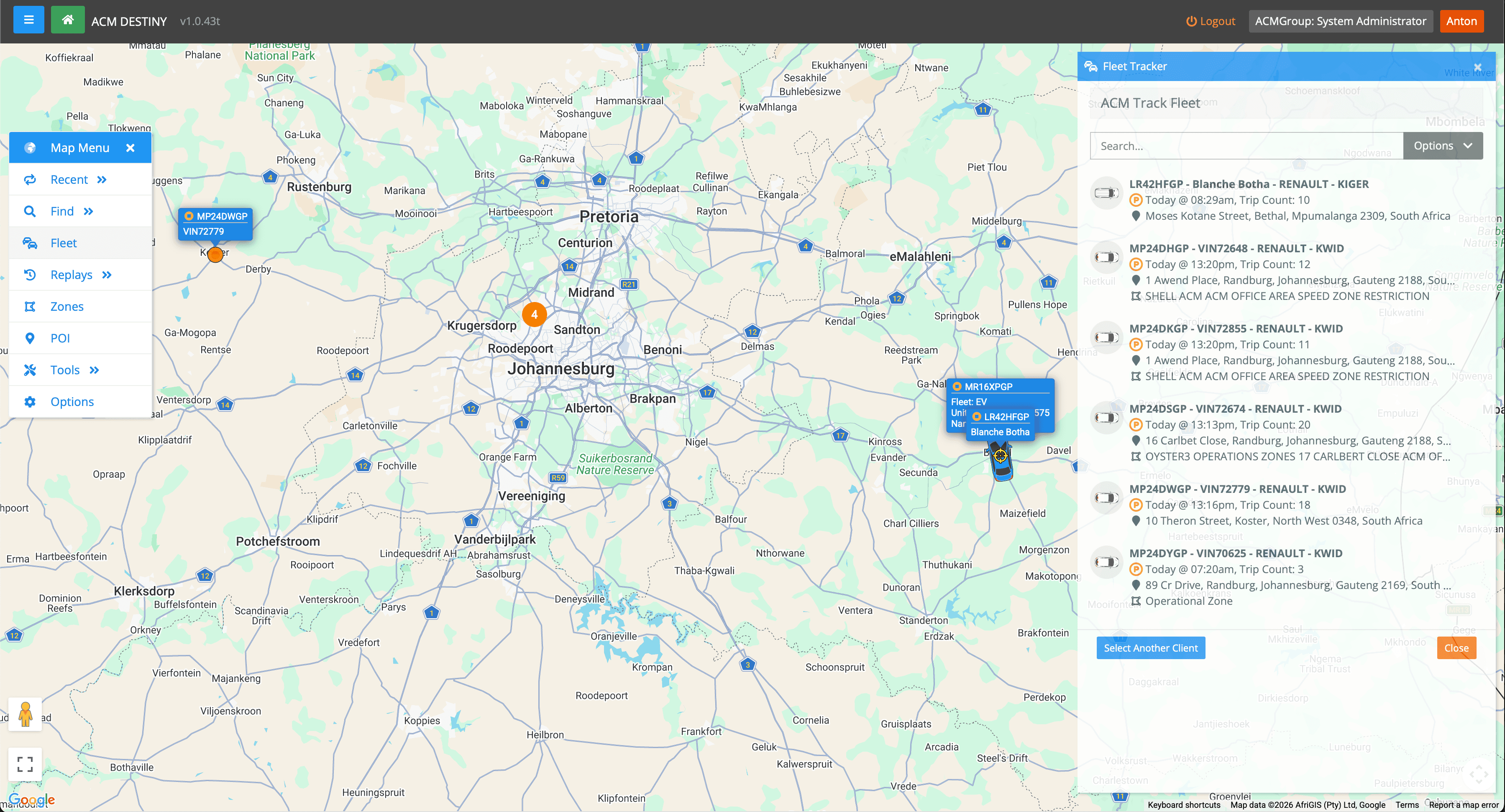 ACM Destiny live track map showing fleet vehicles across Gauteng with the fleet tracker list open