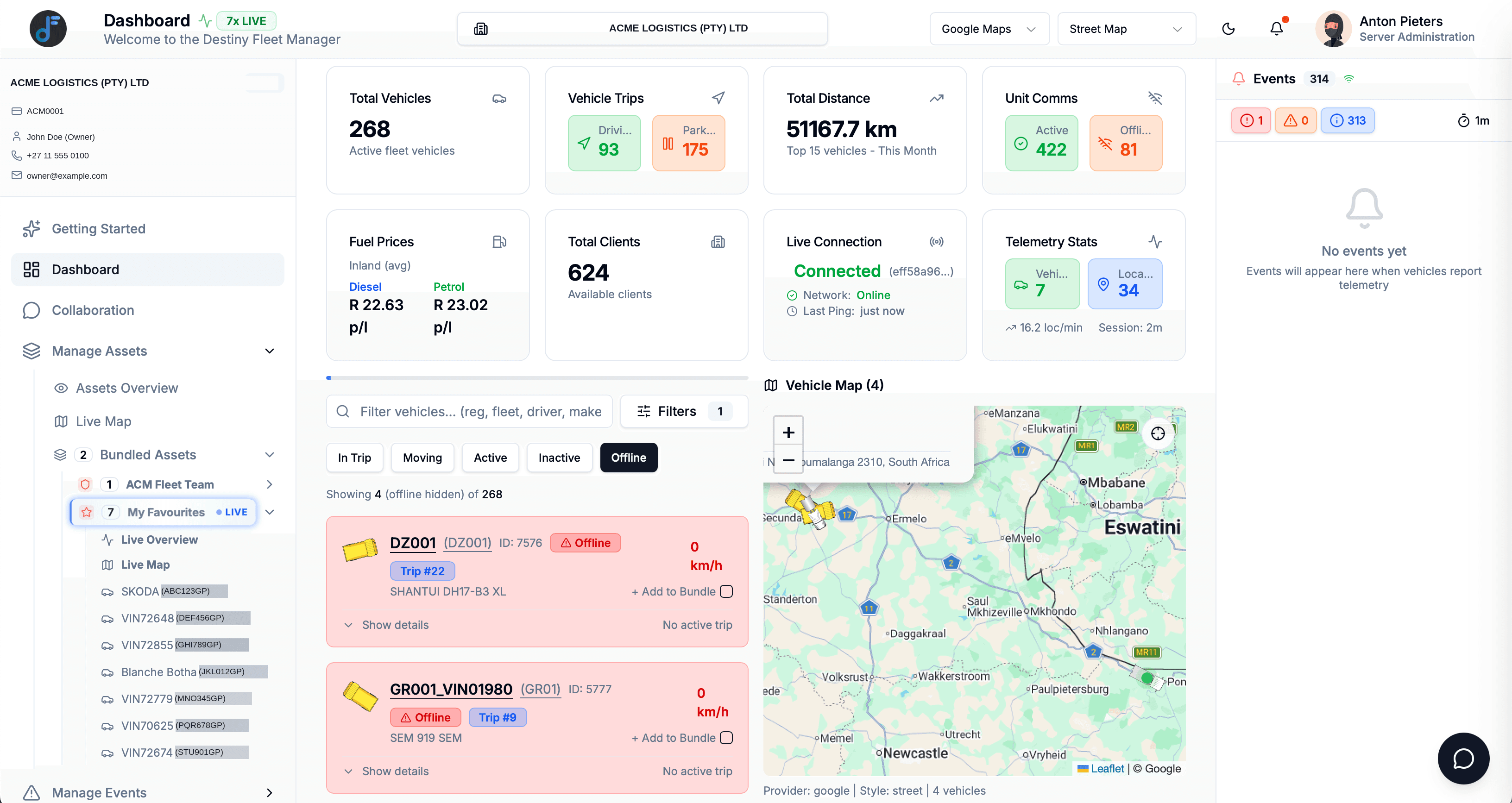 Fleet Destiny — fleet dashboard with live KPIs