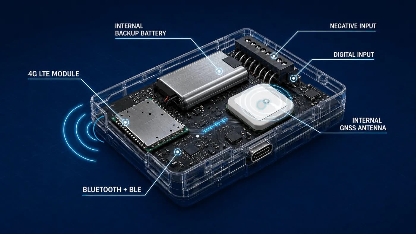 Cutaway view of a vehicle tracking unit showing its 4G LTE module, GNSS antenna, backup battery, Bluetooth, and vehicle inputs