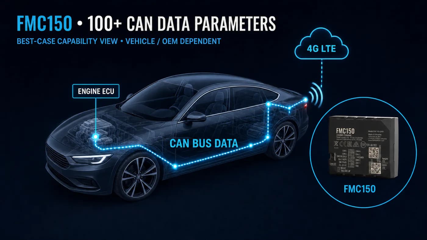 Advanced FMC150 tracker reading CAN bus data from a vehicle and transmitting it over 4G LTE