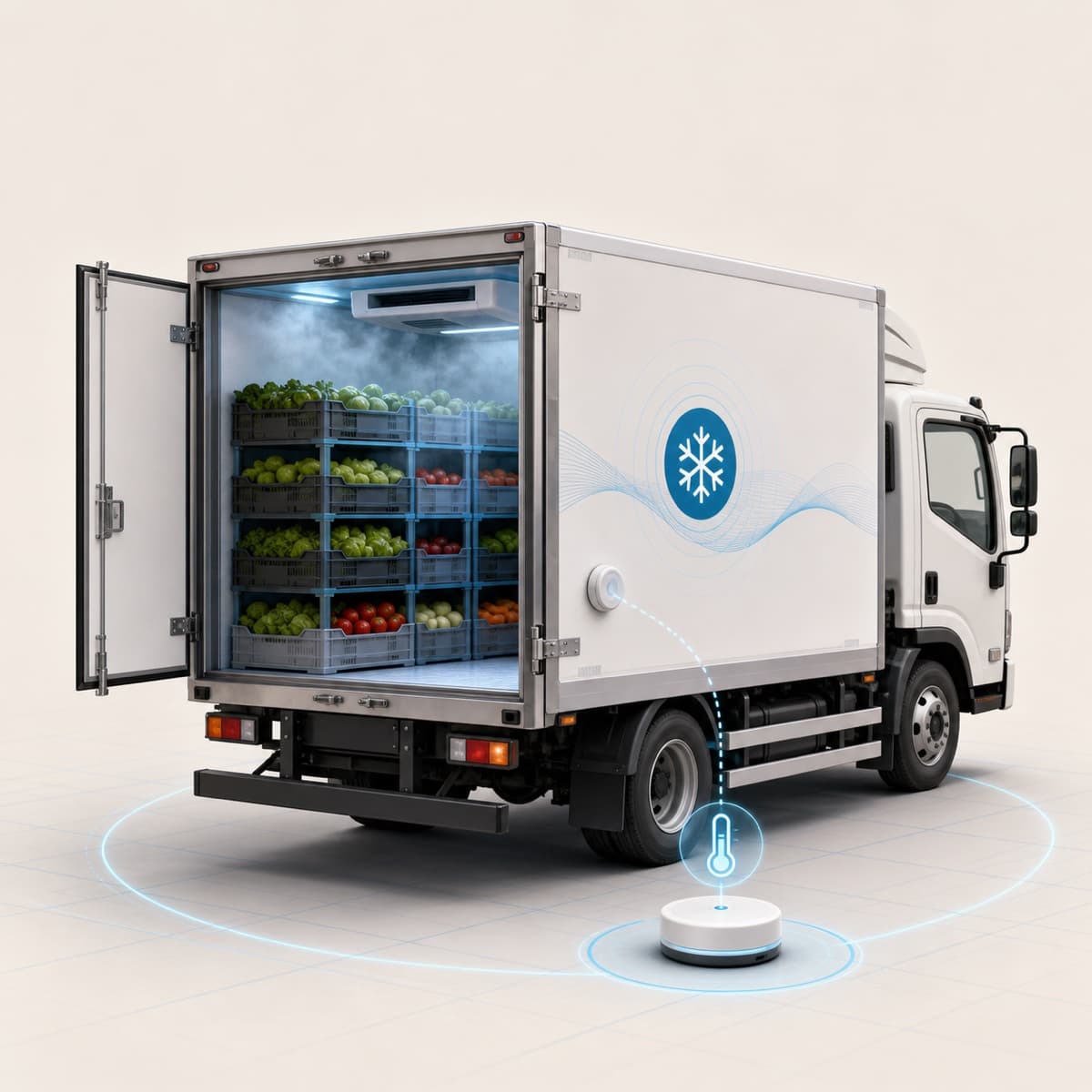 Refrigerated delivery truck carrying chilled produce with temperature monitoring