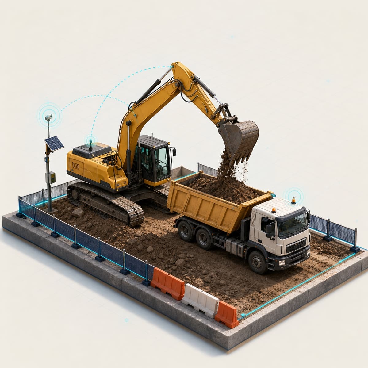 Excavator loading a tipper truck on a connected construction site