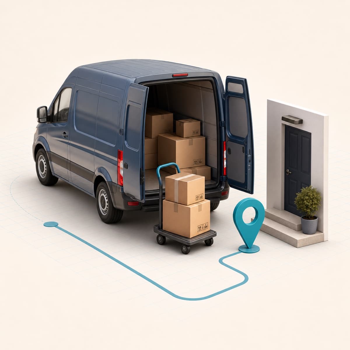 Courier van with parcels, hand trolley and a delivery location marker