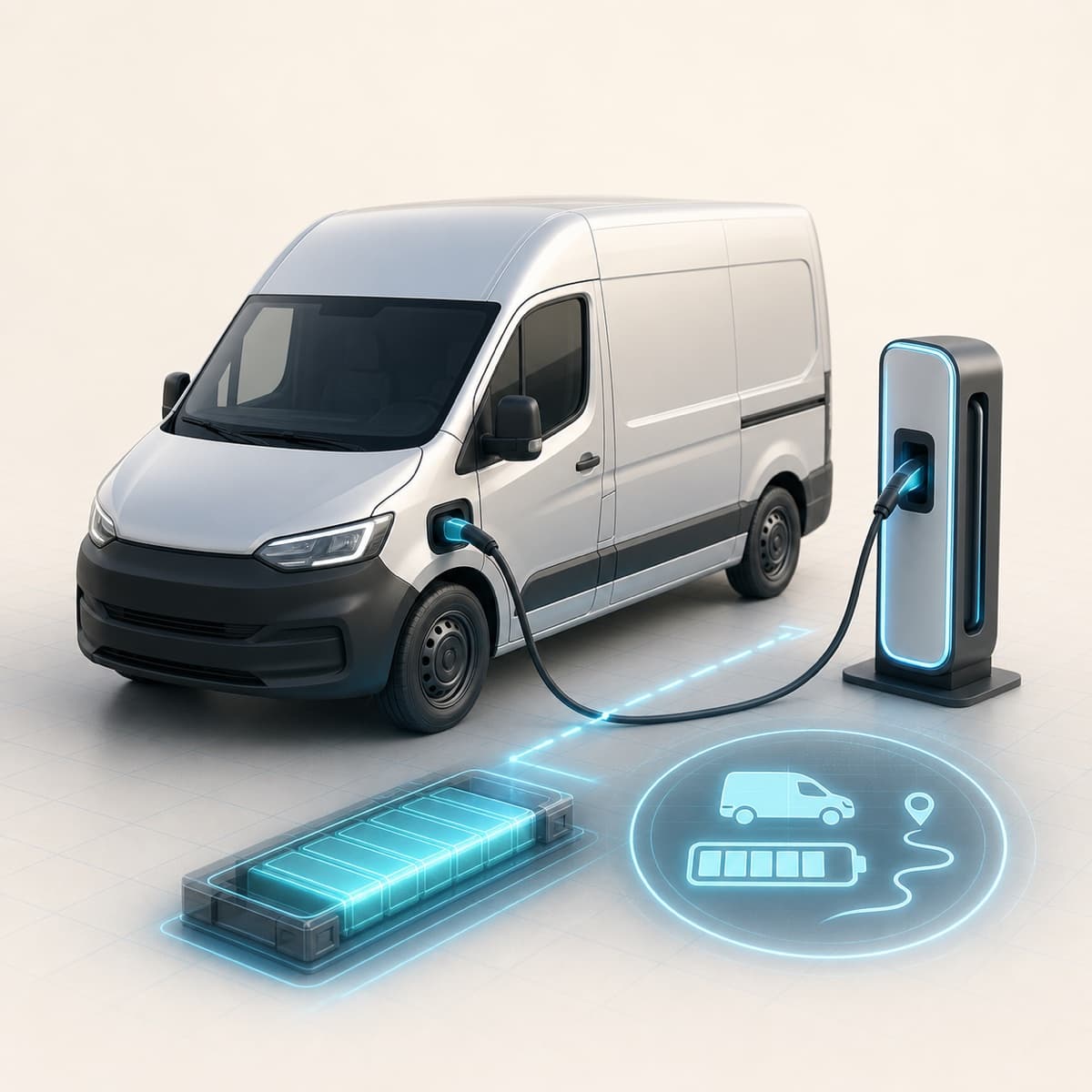 Electric delivery van charging beside a battery and range visualisation
