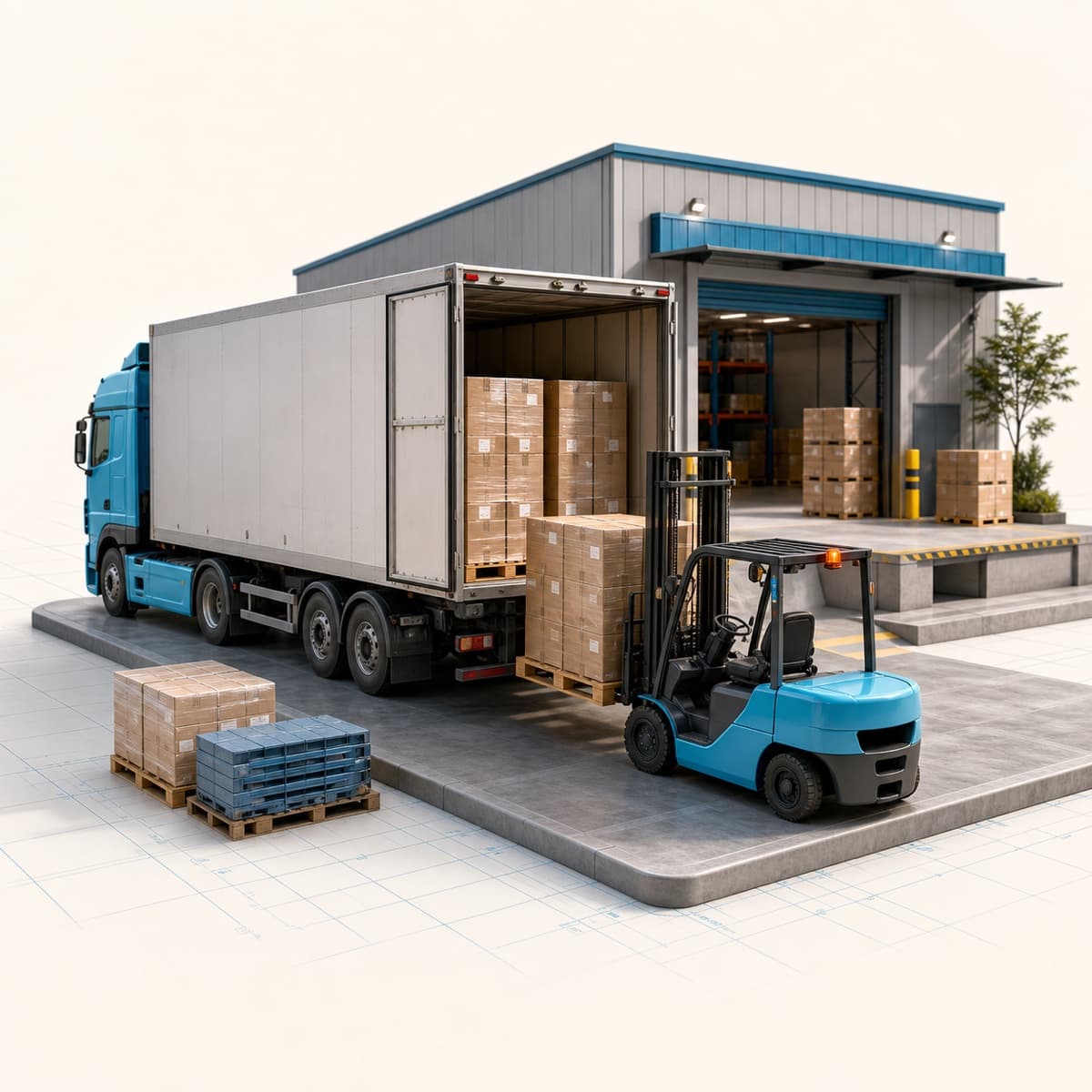 Forklift loading palletised freight into a logistics truck at a warehouse