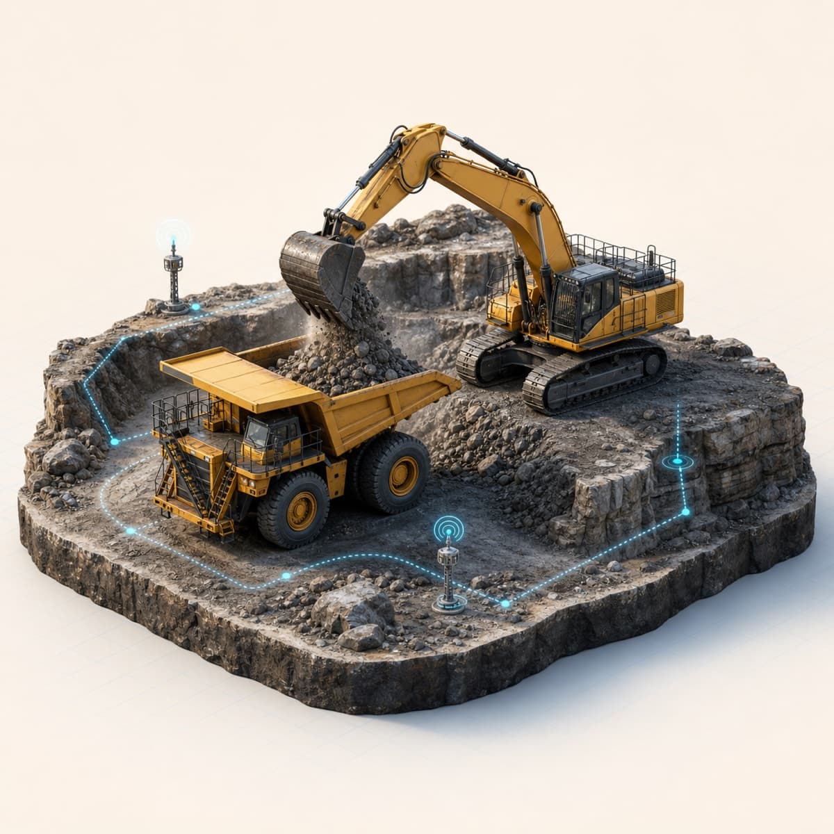 Mining haul truck and excavator operating in a connected open-pit mine