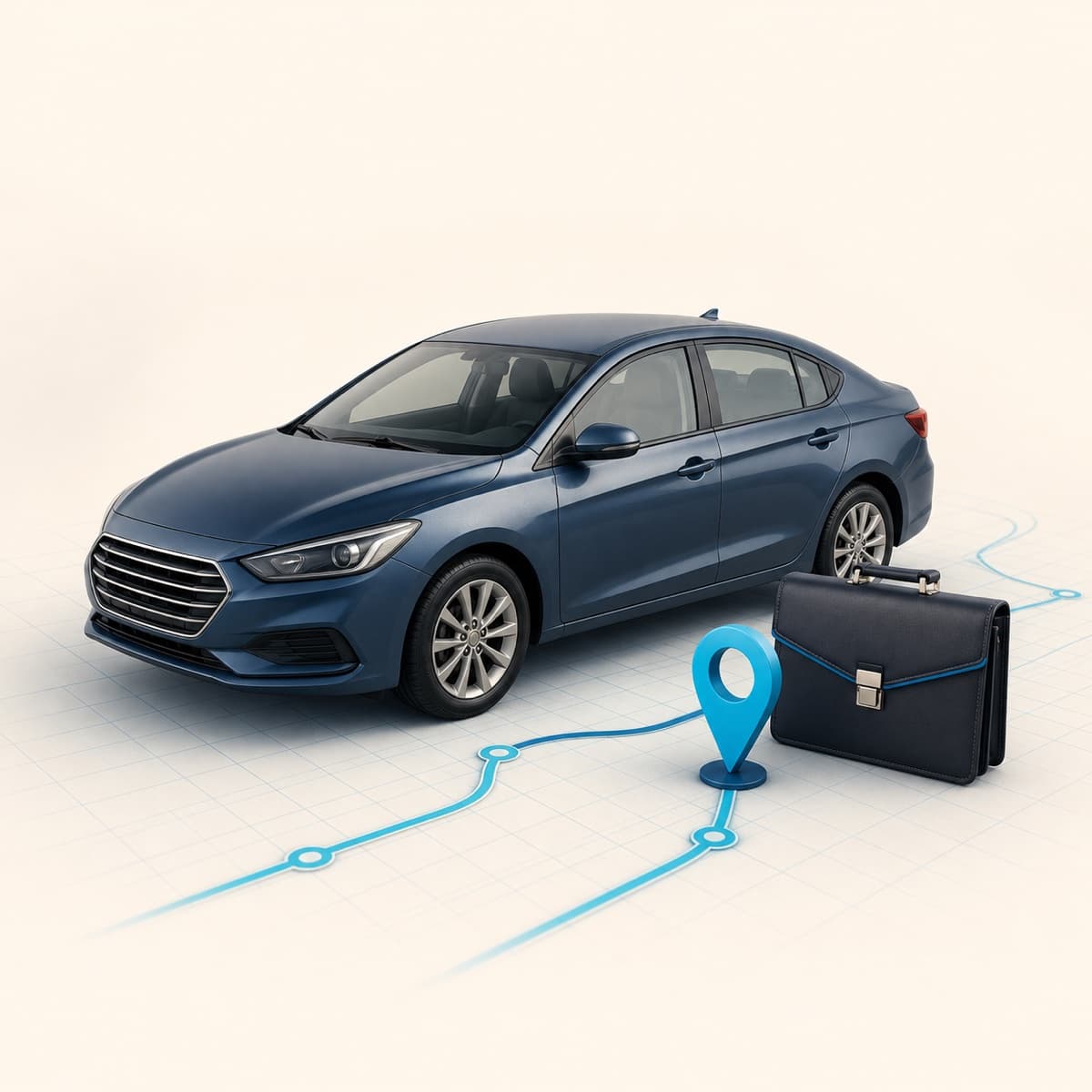Company sedan with a business briefcase, route line and location marker