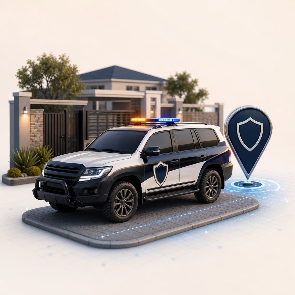 Professional armed-response fleet vehicle at a secure residential entrance