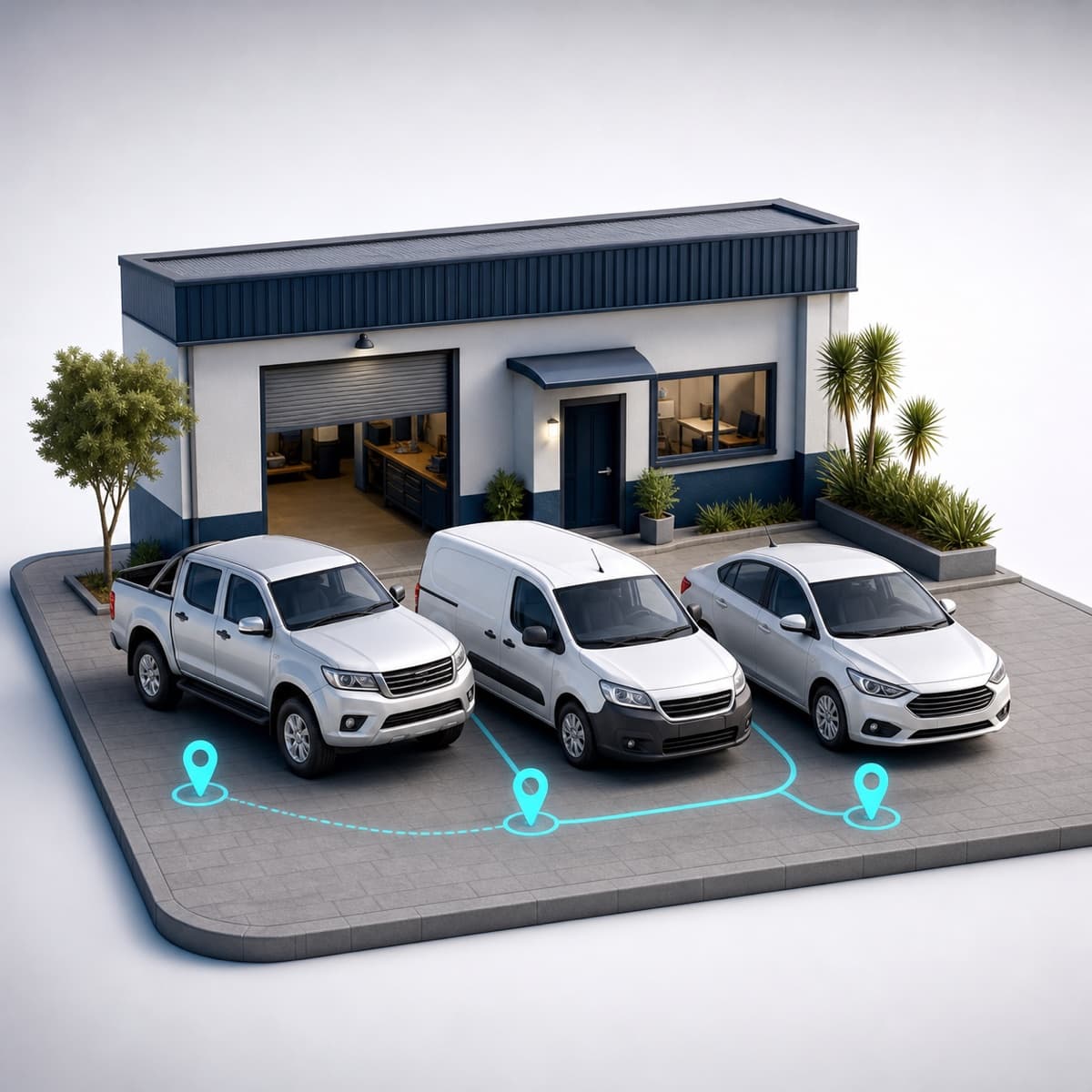 Small-business fleet with a bakkie, panel van and company car outside a local business