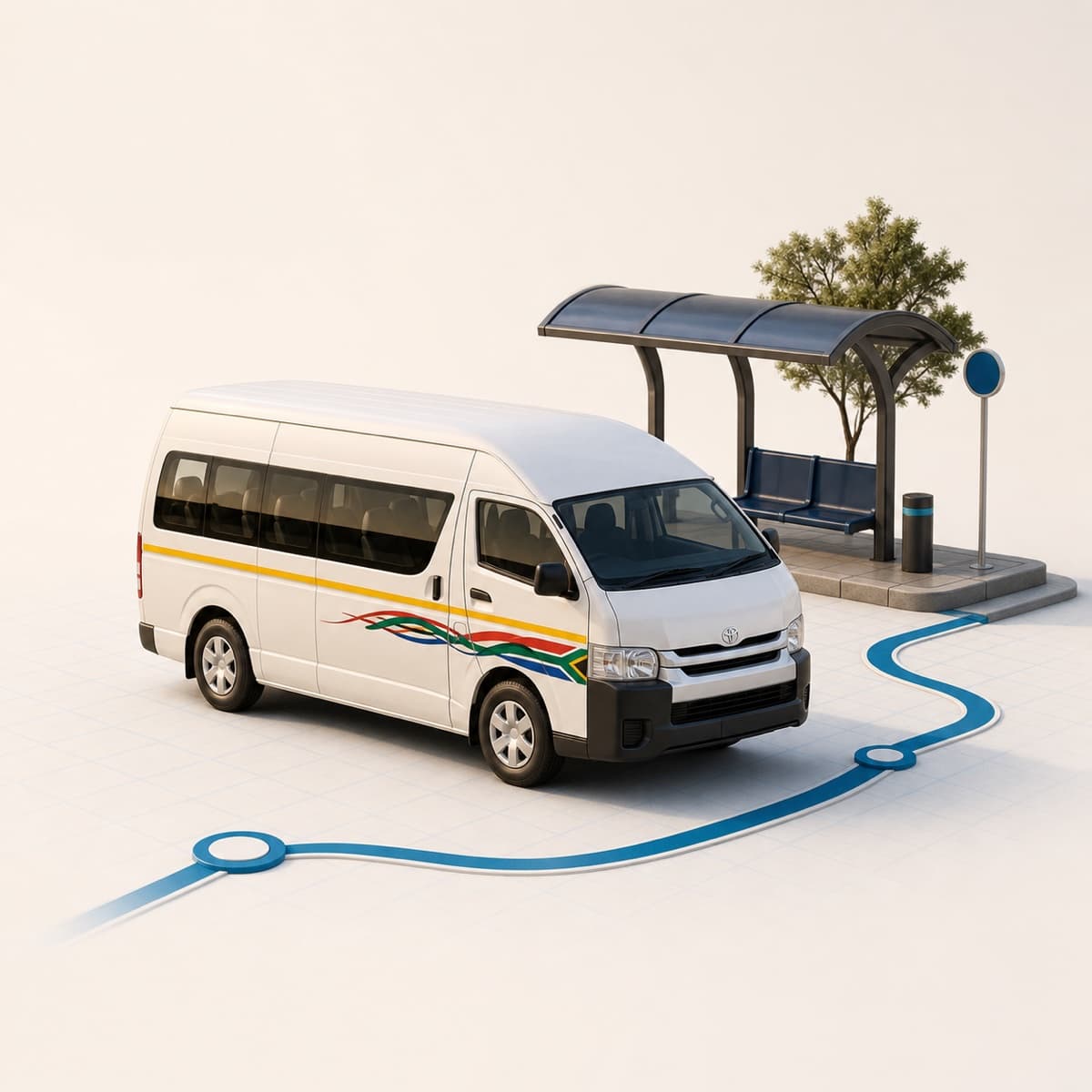 South African minibus taxi at a passenger stop with a route line