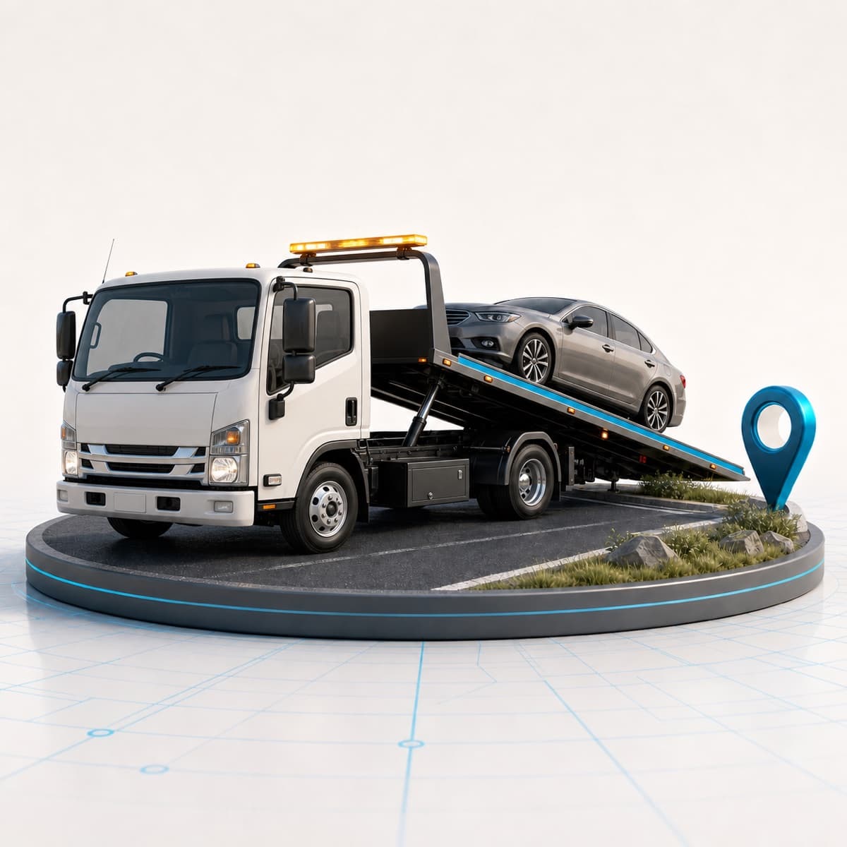 Rollback tow truck loading a passenger vehicle during a recovery