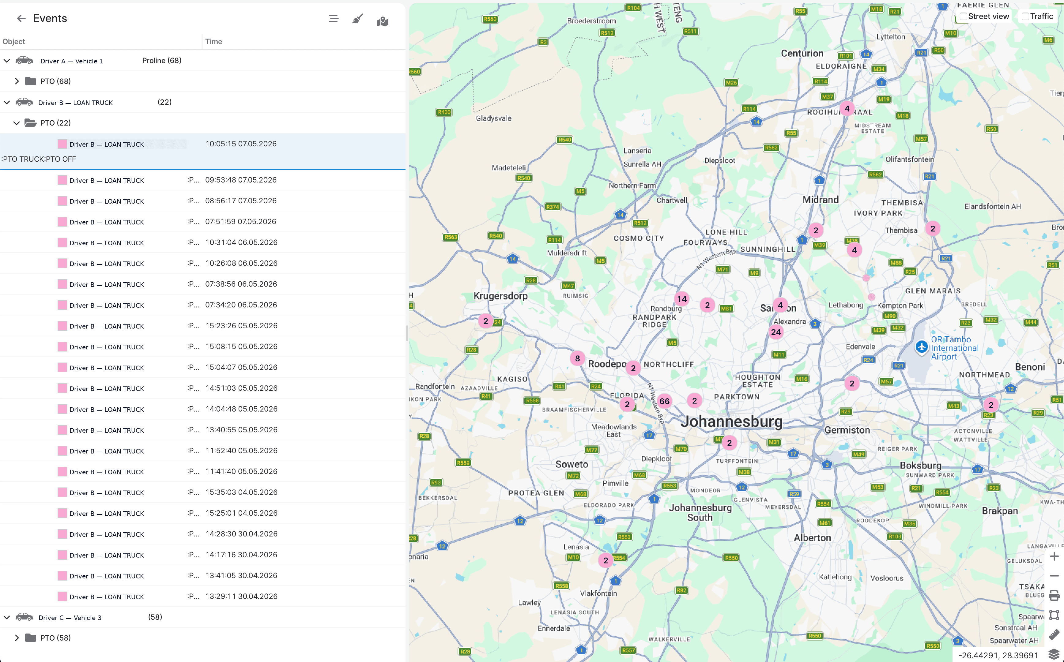 Anonymised ACM Destiny PTO event report with timestamped events and a clustered map