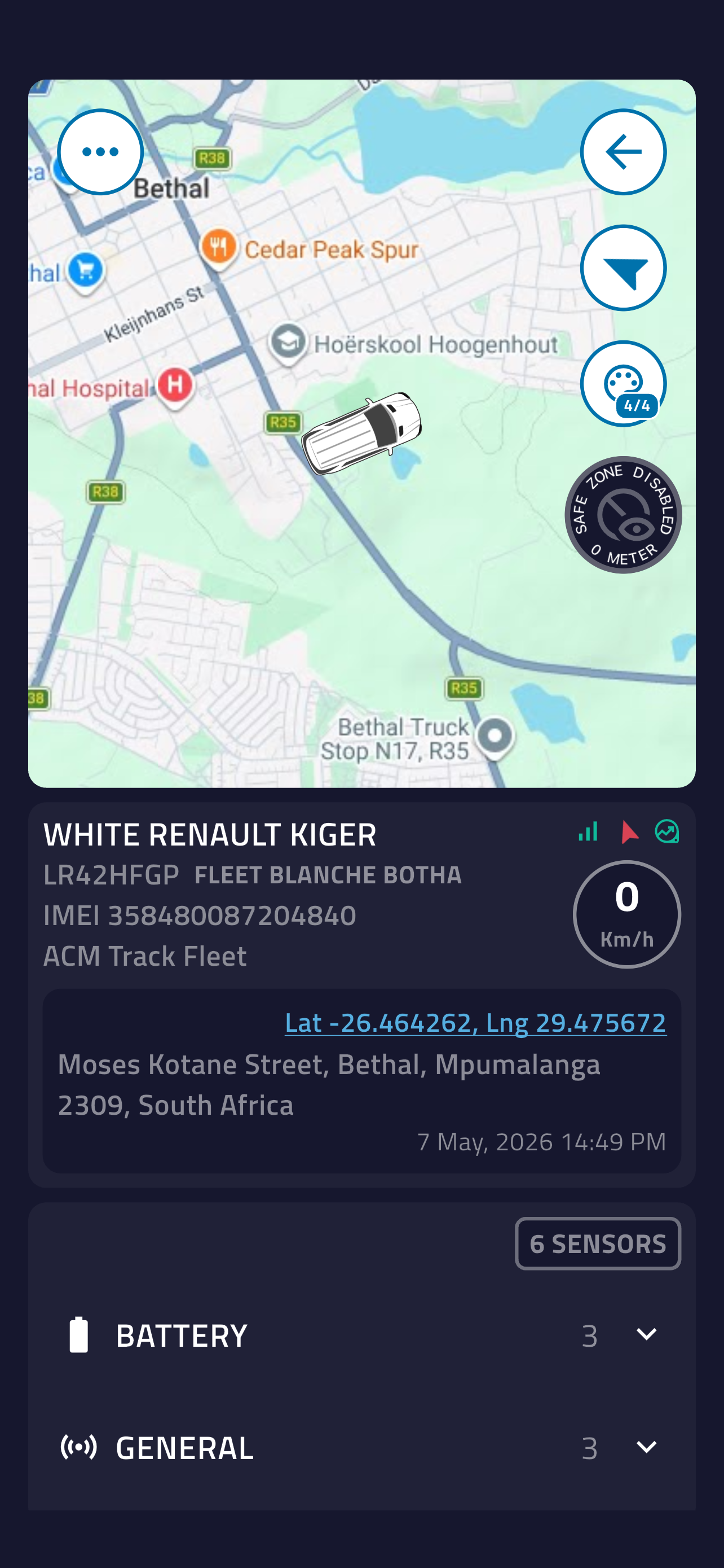 Vehicle detail screen with sensor list