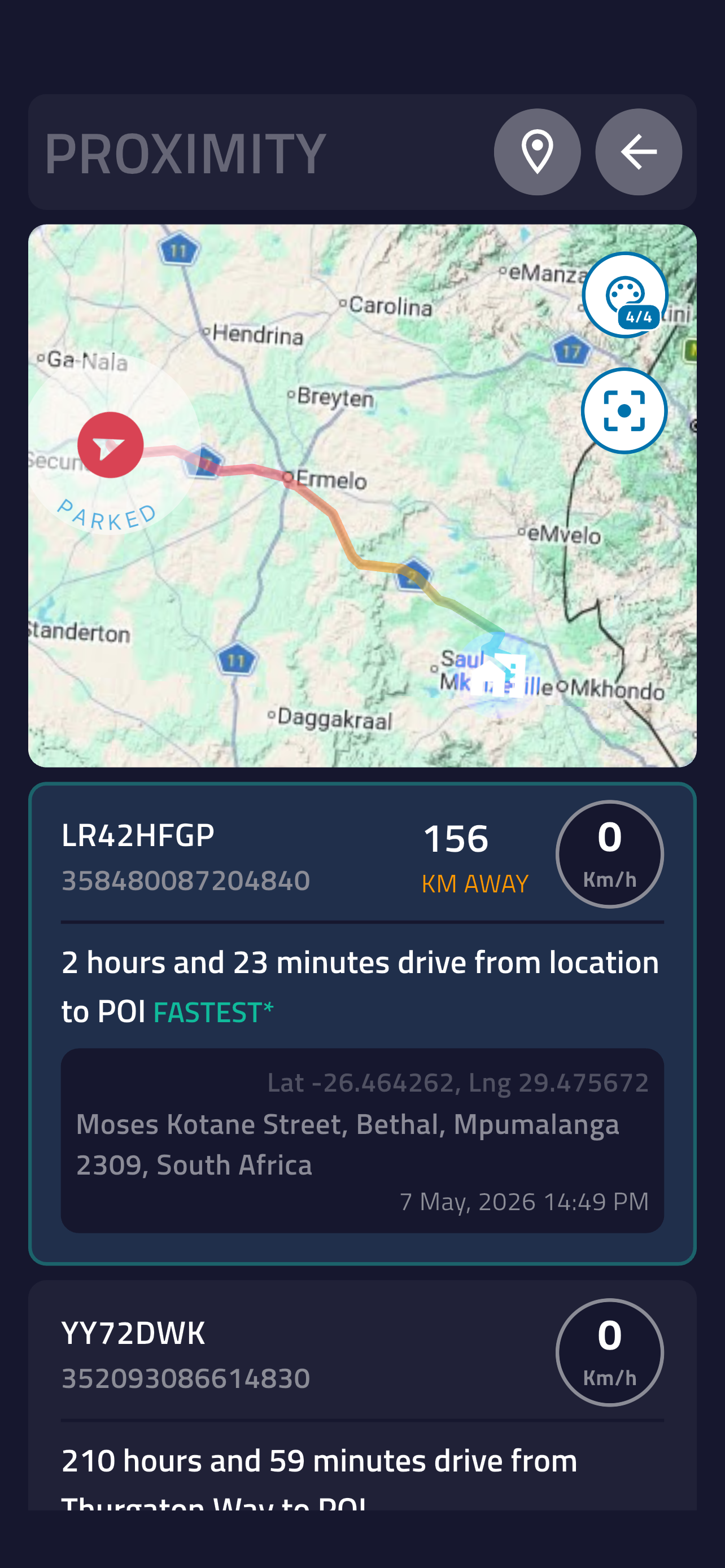 Proximity dispatch screen ranking vehicles by distance