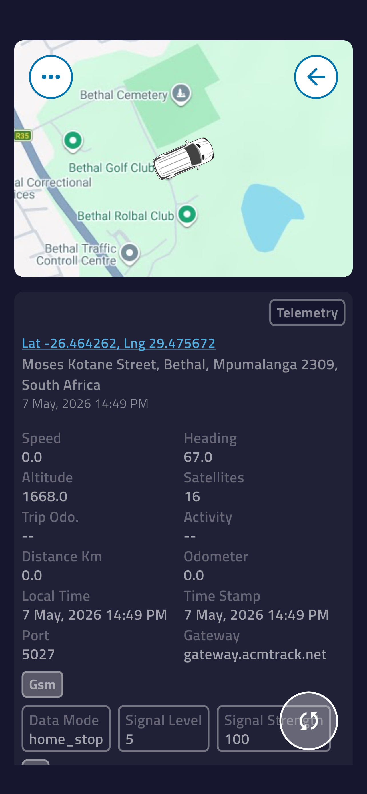 Live telemetry detail screen