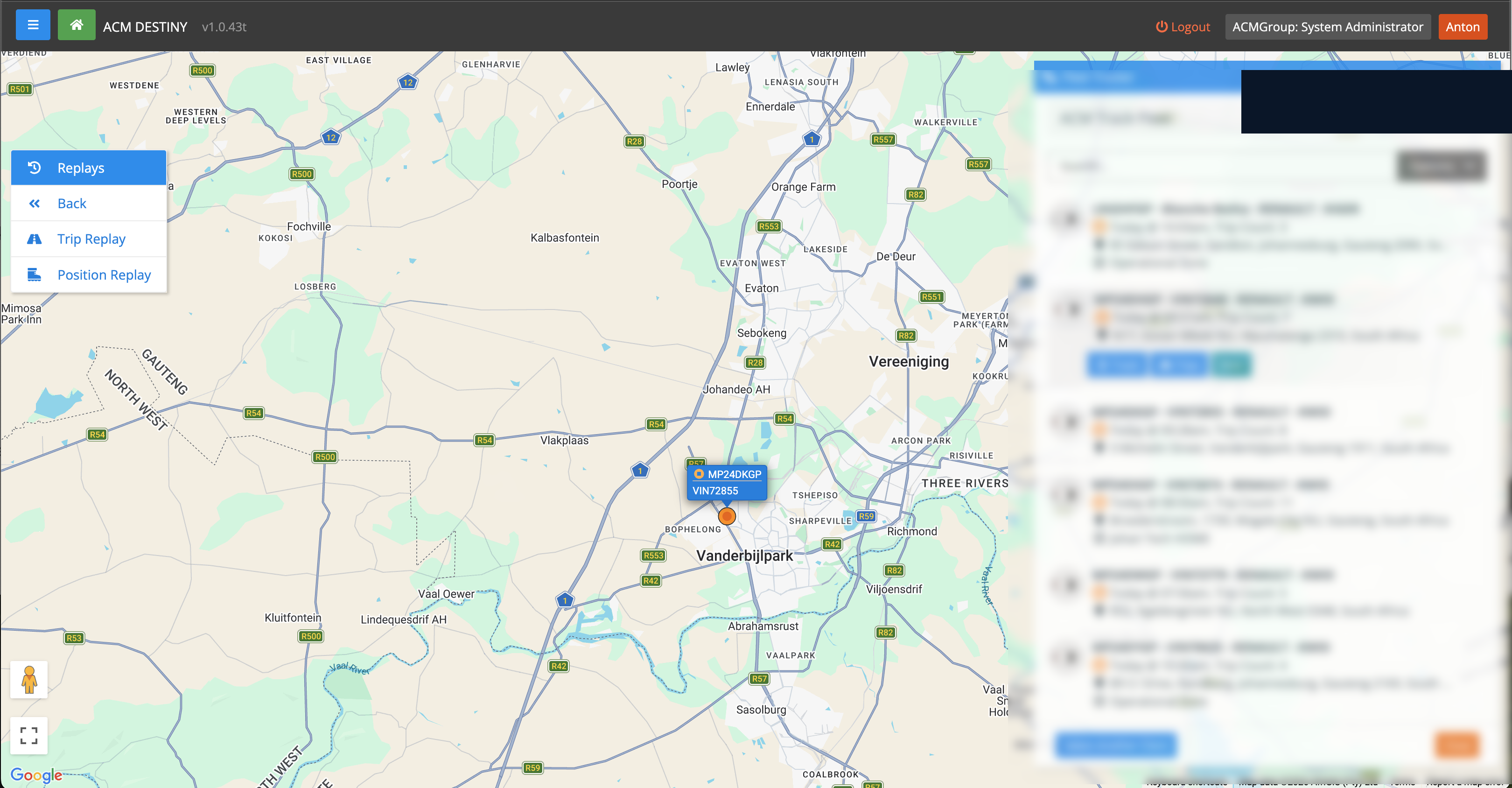 ACM Destiny live tracking — response vehicles on a map with route detail