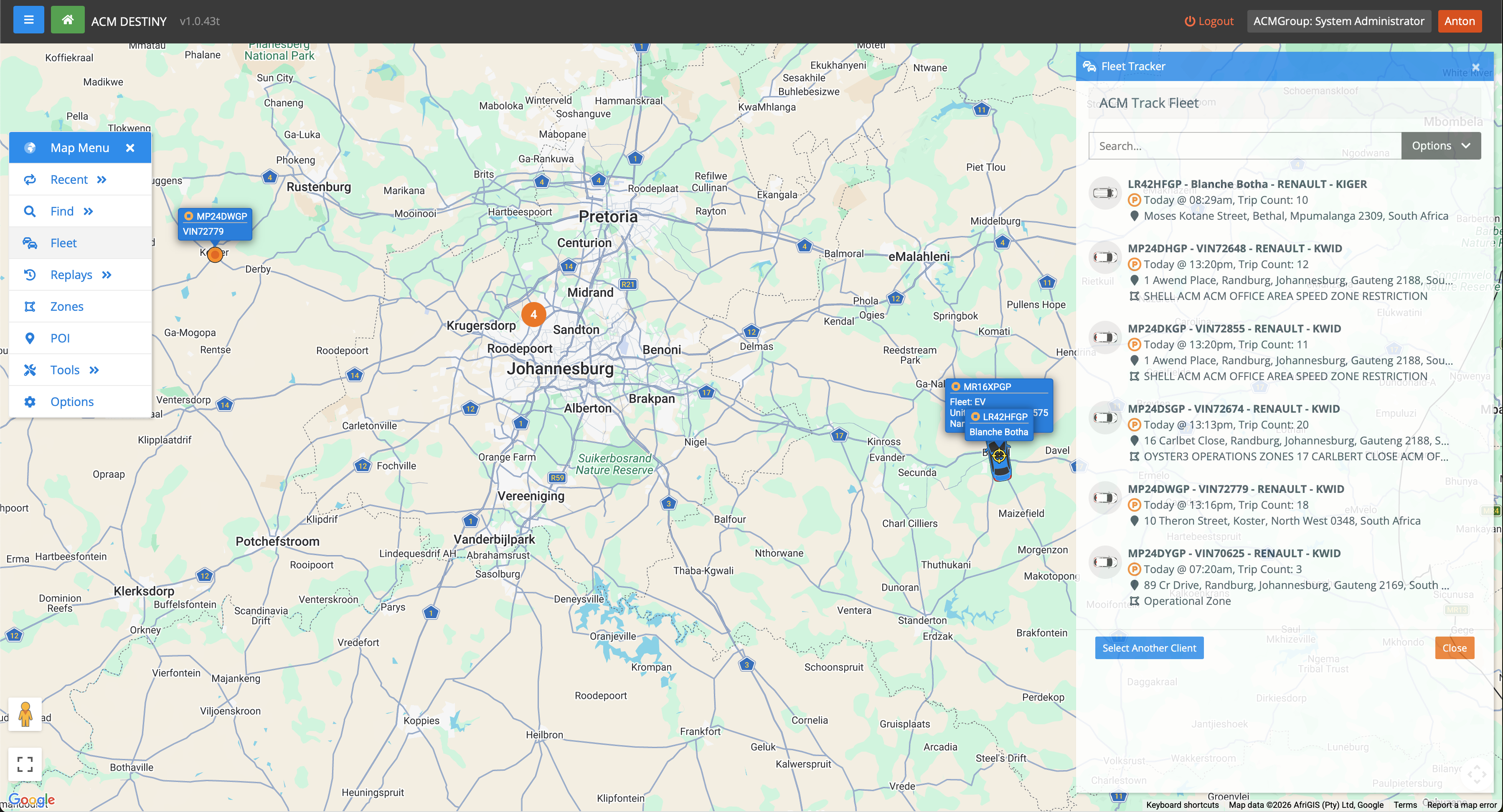 Live fleet tracking view on ACM Destiny
