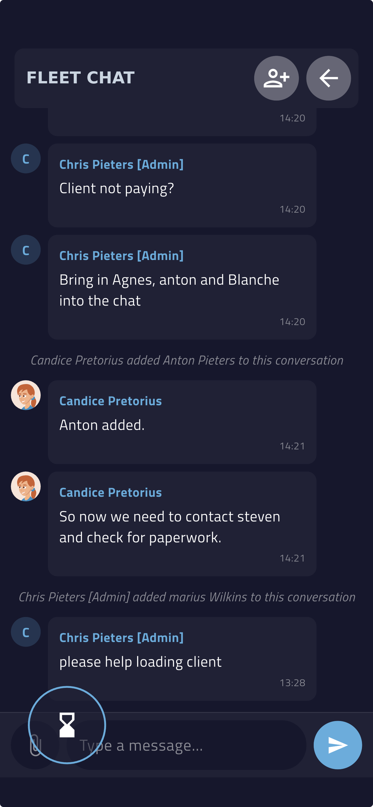ACM mobile app — driver-side collaboration view (anonymised)
