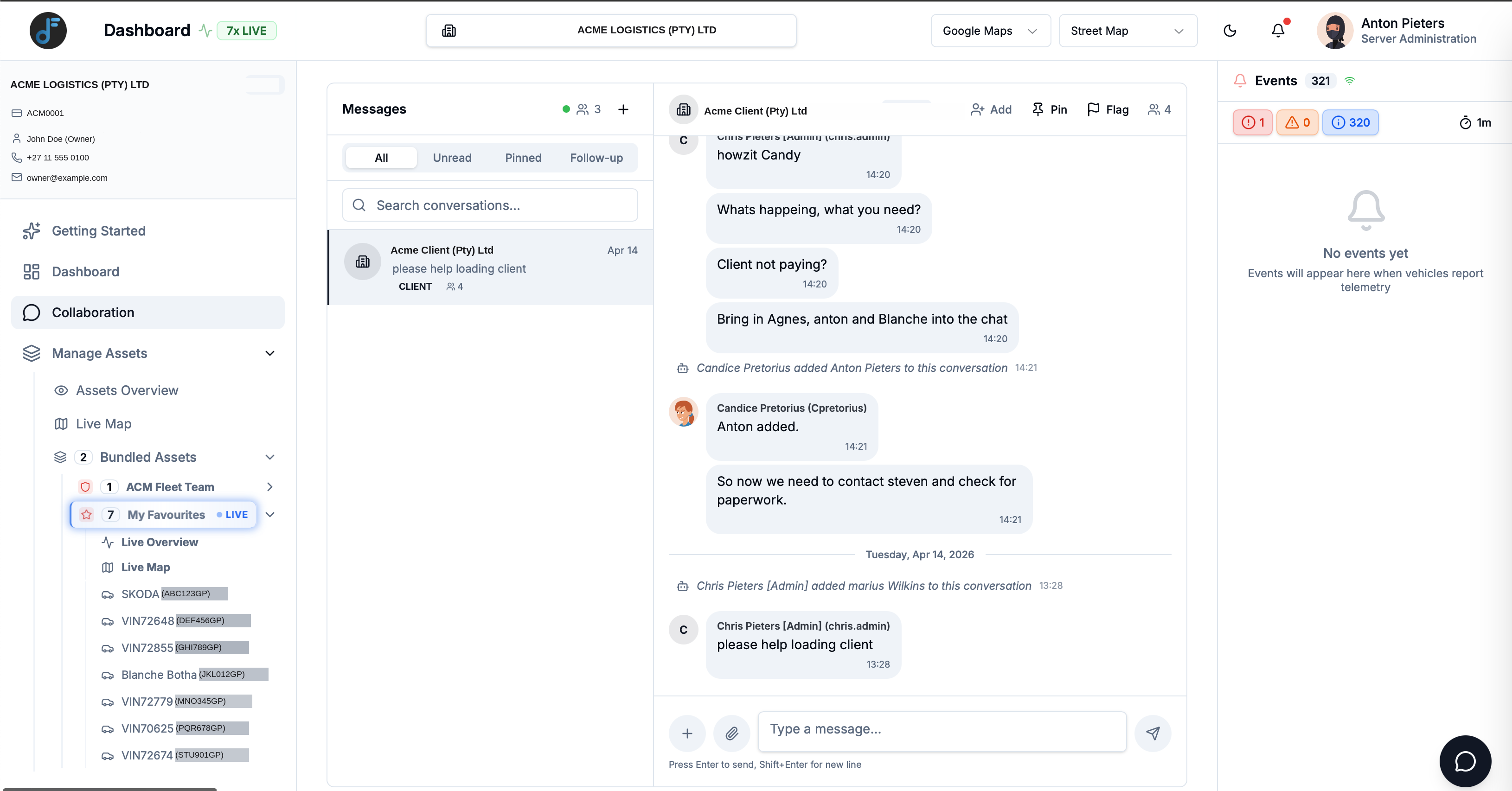 ACM Destiny collaboration view — dispatch and driver messaging on desktop