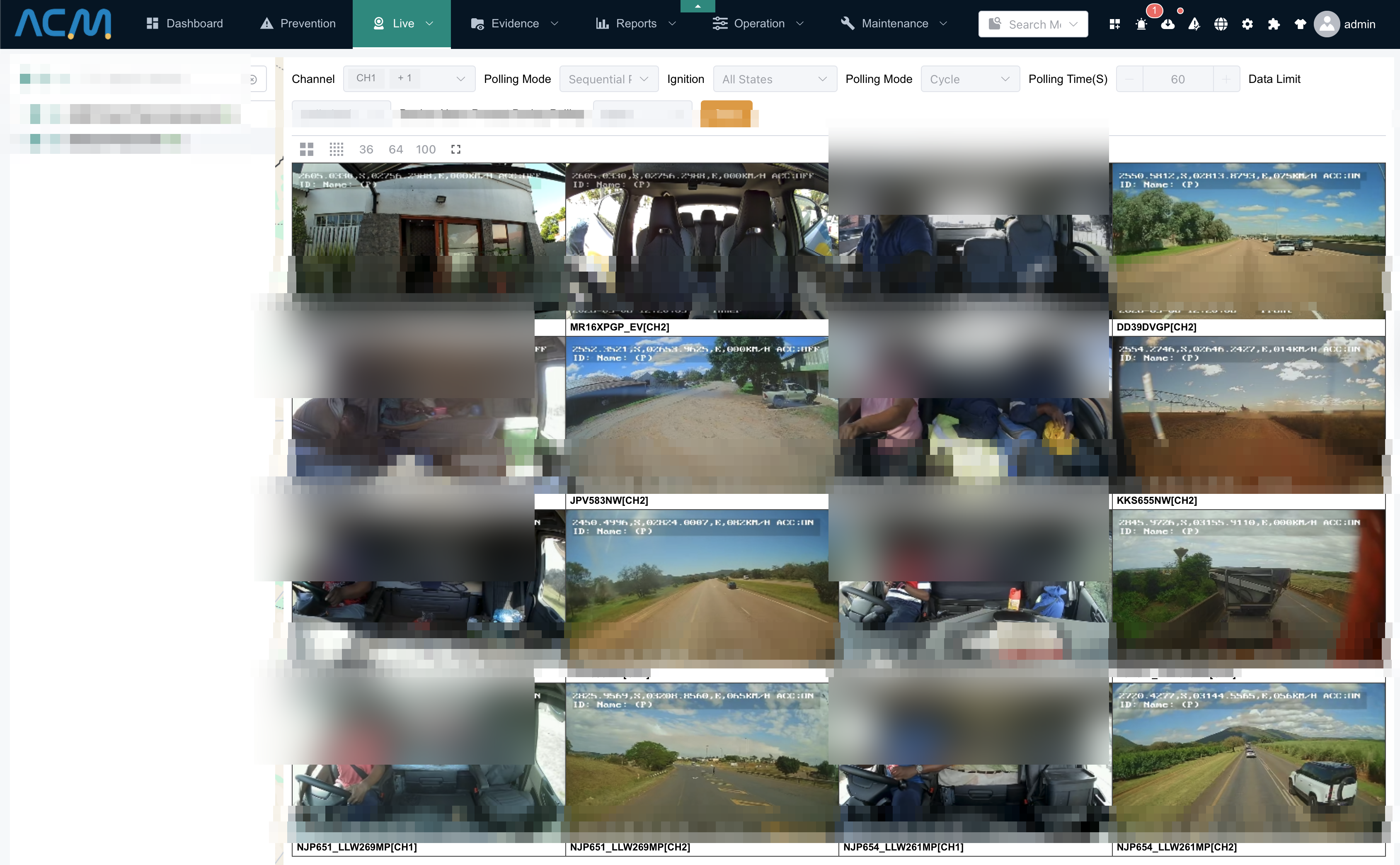 ACM Destiny live view — multi-channel camera grid across the fleet